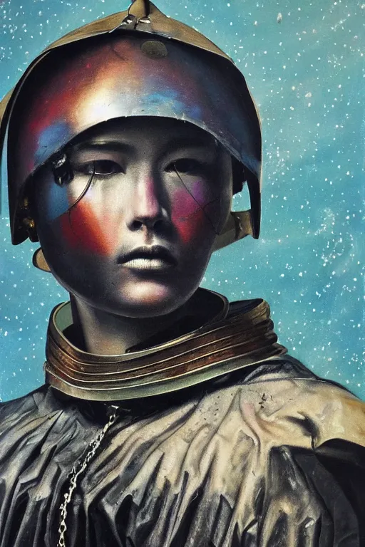 Image similar to hyperrealism oil painting, close - up portrait of medieval fashion model, warrior, steel gradient mixed with nebula sky, in style of baroque mixed with 7 0 s japan book art