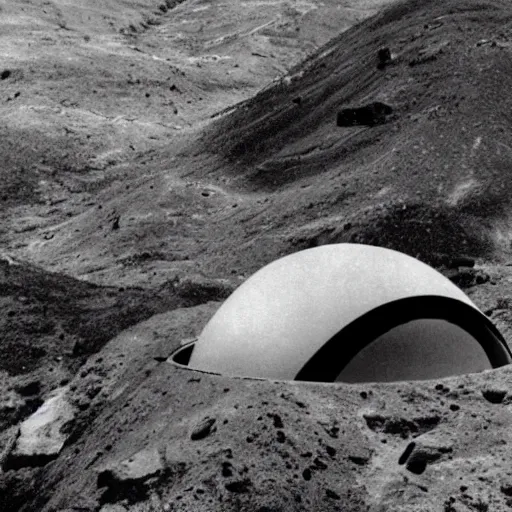 Image similar to photo of a ufo crashed into a mountain, black and white photo