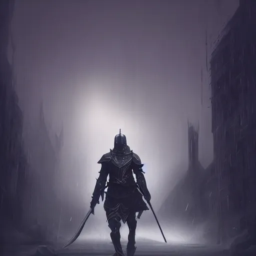 Image similar to black style knight with a powerful weapon, fog, dramatic lighting, cinematic composition, a fantasy digital painting by greg rutkowski and james gurney, trending on artstation, highly detailed, hyperrealistic, realistic, photorealistic, dynamic lighting, highly detailed, cinematic landscape, studio lighting