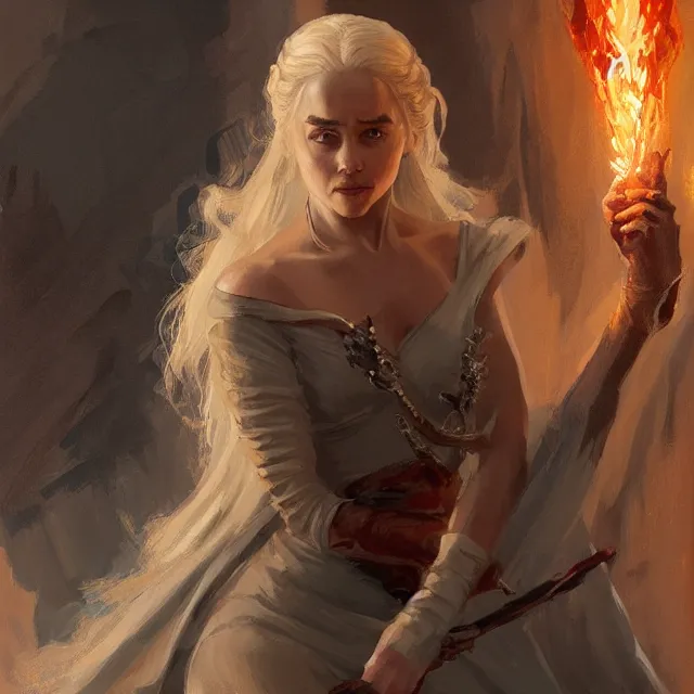 Image similar to daenerys targaryen as a firebender, portrait, elegant, intricate, digital painting, artstation, concept art, smooth, sharp focus, illustration, art by konstantin korovin and daniel f. gerhartz and john howe