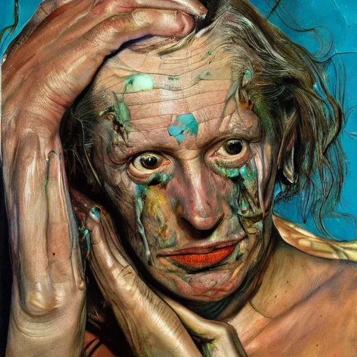 Image similar to high quality high detail painting by lucian freud and jenny saville, hd, dark demonic dancer, turquoise