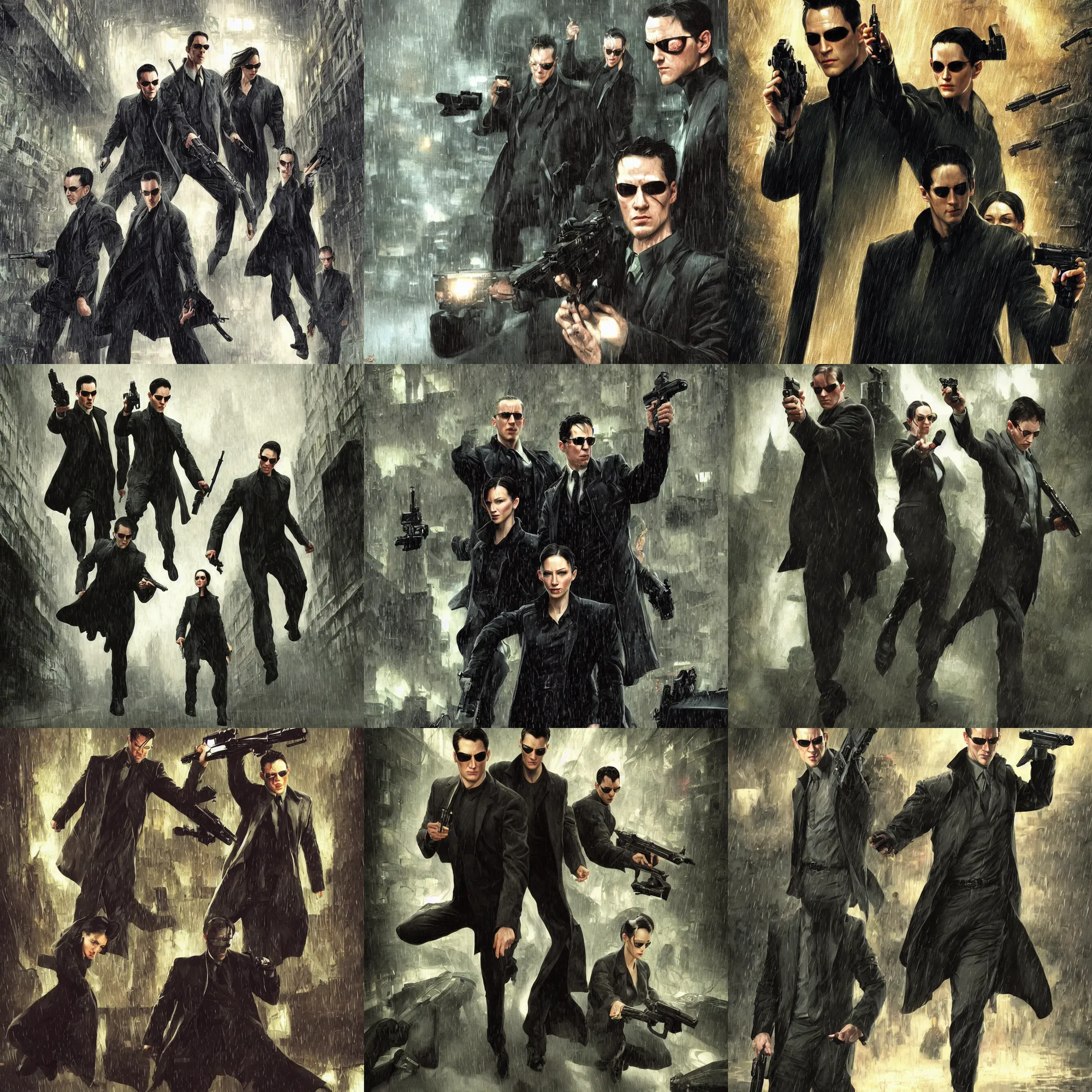 Prompt: Agents from the matrix movie, Agents are pointing a gun directly to Mr. Anderson in heavy rain, D&D, scifi, portrait, highly detailed, digital painting, artstation, concept art, sharp focus, illustration, art by artgerm and greg rutkowski and magali villeneuve and alphonse mucha,Lucas Graciano, digital art, steve argyle, peter Mohrbacher, Davi Blight, orientalism and bouguereau and Zdzislaw Beksinski, look at all that detail!