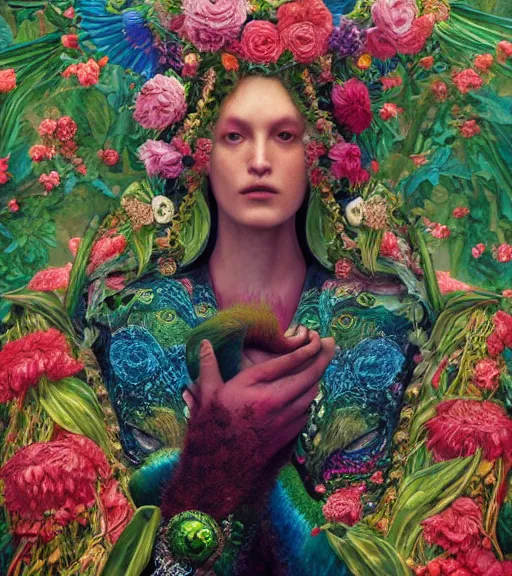 Image similar to portrait of quetzalcoatl, surrounded by flowers, by nan goldin, moebius, tom bagshaw, rococo, trending on artstation, muted lighting, hyper realism, octane render, 8 k, hyper detailed, ink by dave gibbons