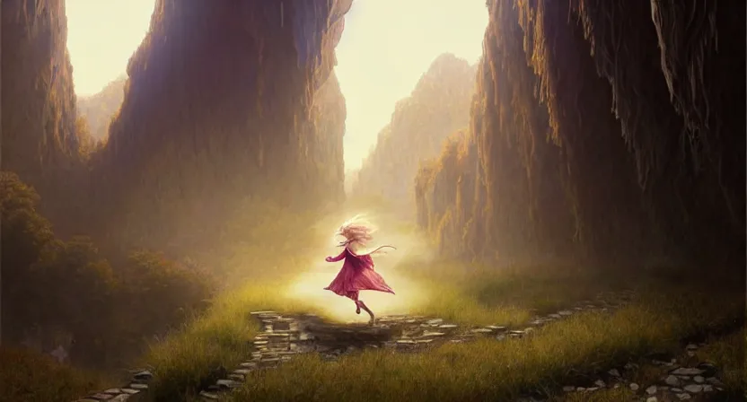 Prompt: tiny mage running away from a giant, blonde hair braided wearing ivory gothic robe, cave town, movie action still frame, ultra wide horizon, intricate, elegant, highly detailed, hyperrealism, digital painting, concept art, smooth, sharp, focus, illustration, art by artgerm, greg rutkowski, ilya kuvshinov, alphonse mucha