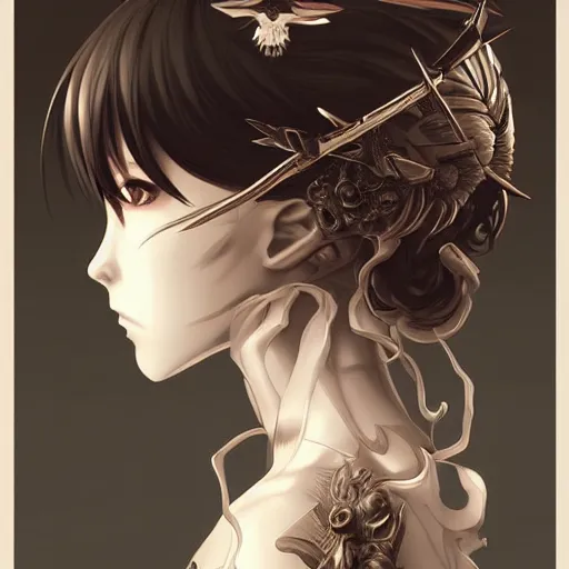 Image similar to anime manga skull profile young woman skeleton, angel, unreal engine, intricate, elegant, highly detailed, digital art, art by JC Leyendecker and sachin teng