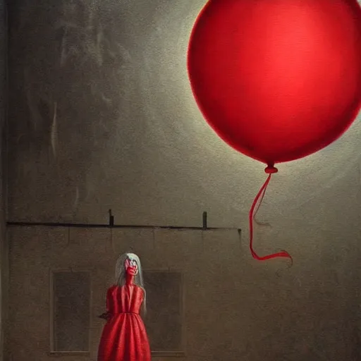 Prompt: grunge painting of an insane asylum with a red balloon by chris leib, creepy lighting, horror theme, detailed, elegant, intricate, conceptual, volumetric light