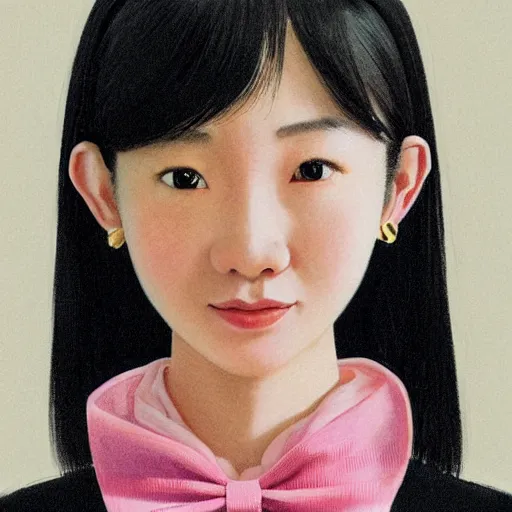 Image similar to portrait of asian girl with muji shirt, round face, black hair, ponytails, skinny, smile, attractive, small chin, wearing pink hair bow, earrings, with a japanese print background, intricate, elegant, glowing lights, highly detailed, digital painting, artstation, sharp focus, illustration, art by wlop, mars ravelo and greg rutkowski