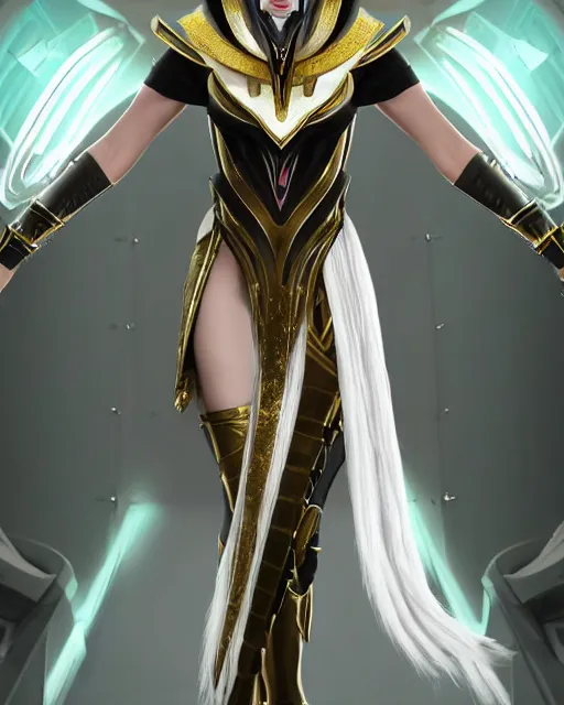 Prompt: perfect white haired attractive egyptian goddess, warframe armor, pharaoh headdress, beautiful, symmetric, dreamy, half asian, pretty face, green eyes, charlize theron, detailed, scifi platform, laboratory, experiment, 4 k, ultra realistic, epic lighting, android body, illuminated, cinematic, masterpiece, art by akihito tsukushi, voidstar