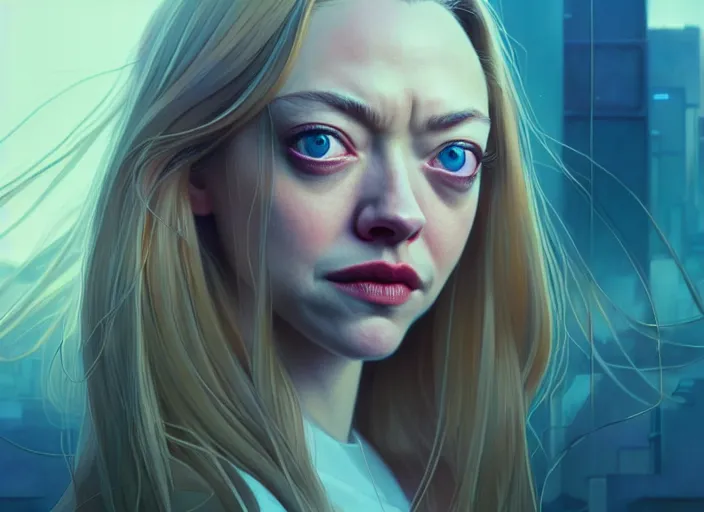 Image similar to a film still portrait of amanda seyfried as fried chicken, finely detailed features, closeup of face, cinematic lighting, perfect art, night cyberpunk city, intricate, anime, gapmoe grimdark, artstation, trending on pixiv fanbox, painted by greg rutkowski makoto shinkai takashi takeuchi studio ghibli, akihiko yoshida, 4 k