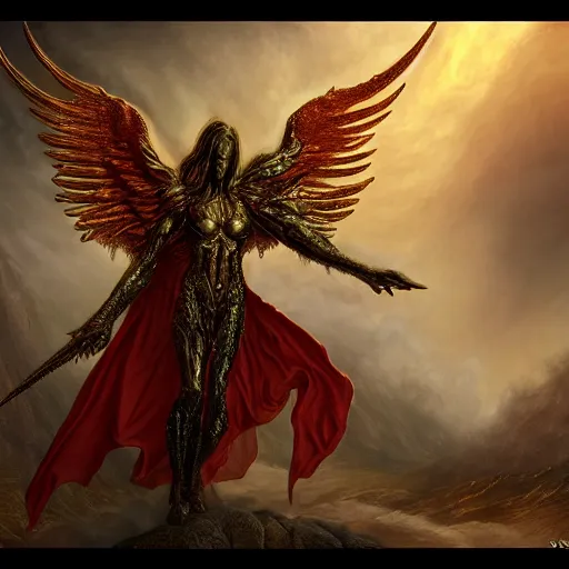 Image similar to photorealistic biblically accurate demonic alien archangel the style of michael whelan and gustave dore. hyperdetailed photorealism, 1 0 8 megapixels, amazing depth, glowing rich colors, powerful imagery, psychedelic overtones, 3 d finalrender, 3 d shading, cinematic lighting, artstation concept art