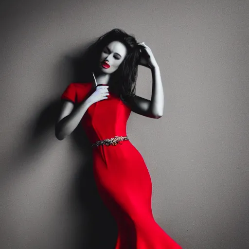 Image similar to a detailed photo of woman in evening dress and smoke around the woman, noire photo, grayscale photo with red dress, photo by Michael David Rock, 8K, 50mm lens