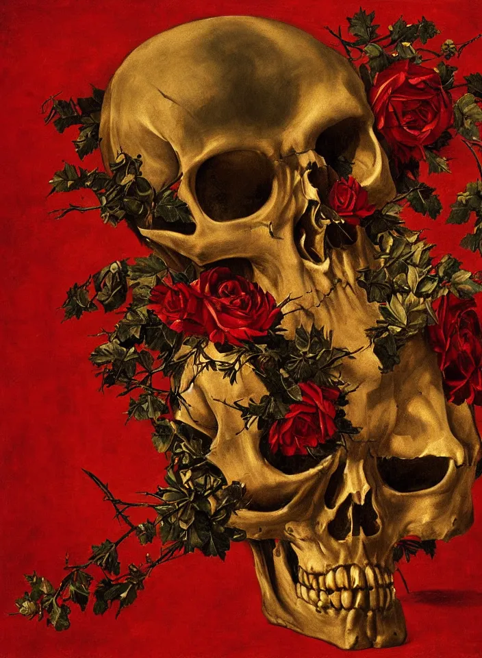 Image similar to a golden skull instead of a head, a wreath of thorns, a dress of bones and roses, horns, snakes, smoke, flames, full-length, oil painting in a renaissance style , very detailed, red background, painted by Caravaggio.