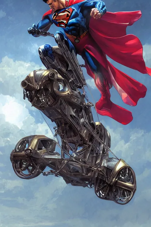 Image similar to superman riding a hover tricycle, cyberpunk, intricate, elegant, highly detailed, digital painting, artstation, concept art, smooth, sharp focus, illustration, art by artgerm and greg rutkowski and alphonse mucha