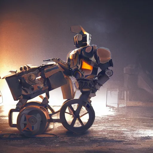 Image similar to wheelbarrow mecha, dark messy smoke - filled cluttered workshop, dark, dramatic lighting, orange tint, sparks, cinematic, highly detailed, sci - fi, futuristic, movie still