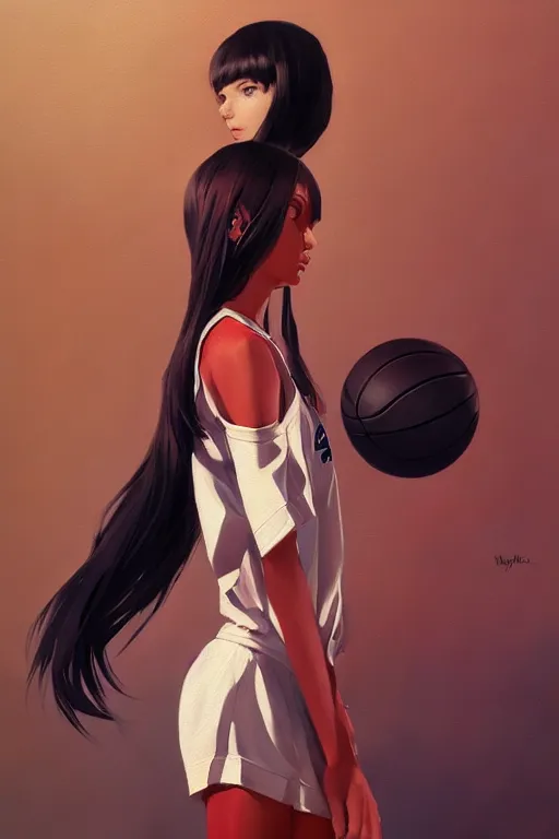 Prompt: A ultradetailed beautiful panting of a stylish girl wearing a basketball jersey, Oil painting, by Ilya Kuvshinov, Greg Rutkowski and Makoto Shinkai