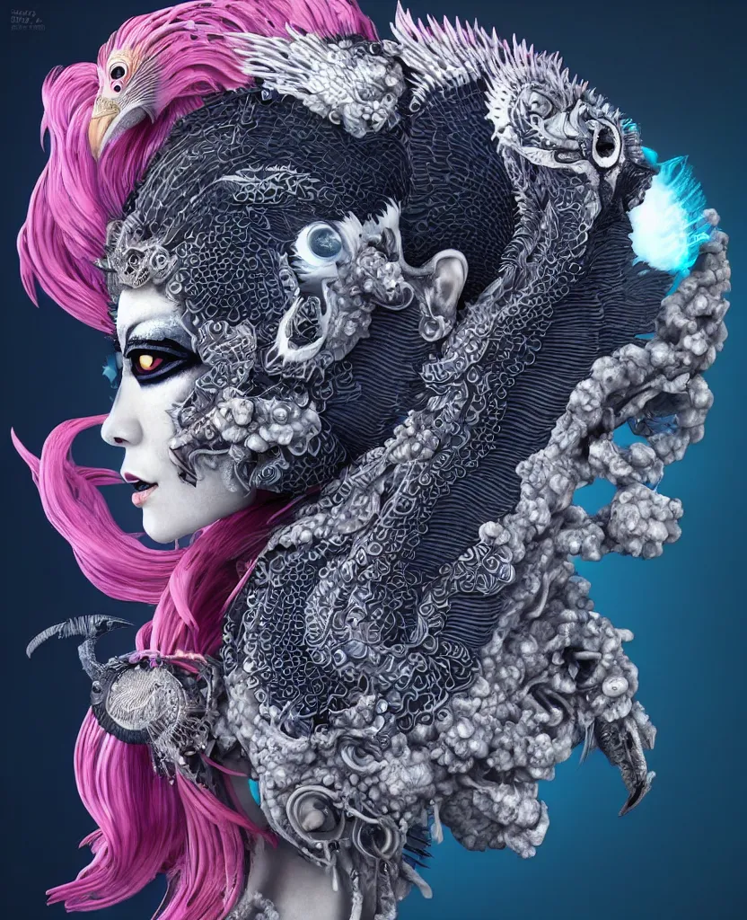 Image similar to 3 d goddess close - up profile portrait punk with mohawk with ram skull. beautiful intricately detailed japanese crow kitsune mask and clasical japanese kimono. betta fish, jellyfish phoenix, bio luminescent, plasma, ice, water, wind, creature, artwork by tooth wu and wlop and beeple and greg rutkowski