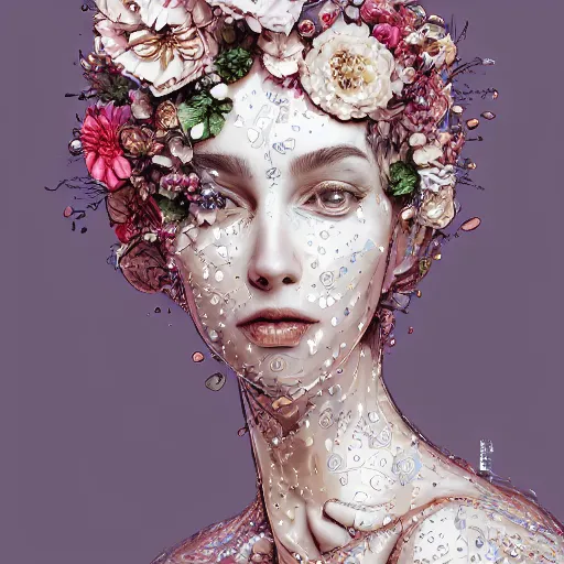 Image similar to the portrait of an absurdly beautiful, graceful, elegant, sophisticated, fashionable young woman made of strawberries and white petals with tears, an ultrafine hyperdetailed illustration by kim jung gi, irakli nadar, intricate linework, bright colors, octopath traveler, final fantasy, unreal engine 5 highly rendered, global illumination, radiant light, detailed and intricate environment