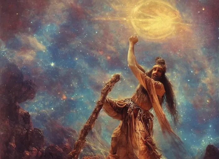 Image similar to A shaman holding up the universe, by Hans Zatzka, reflection, symbolist, soft colors, dramatic lighting, smooth, sharp focus, extremely detailed, aesthetically pleasing composition