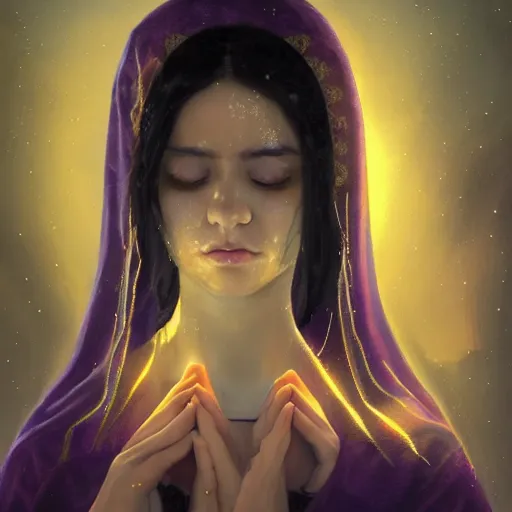 Prompt: Masterpiece! portrait of an aesthetic beautiful! realistic black haired priestess, 30 years old woman, praying, with tears, soft cinematic light, digital painting by WLOP, atmospheric effects, fireflies, 4K, octane render, artstation, deviantart, closer view, dark purple blue tones