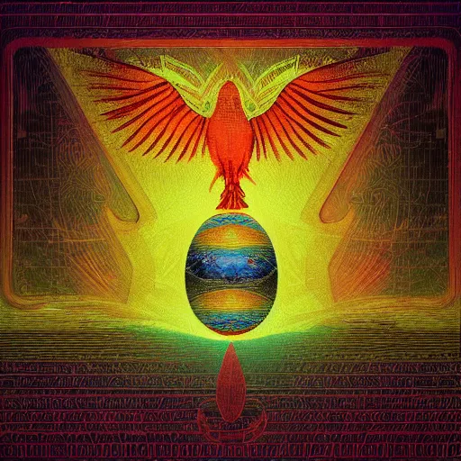 Image similar to the solarpunk phoenix, red bird, ornate egg, regeneration, landscape, epic composition, volumetric light, bokeh, inspired by leonardo da vinci and by mark briscoe