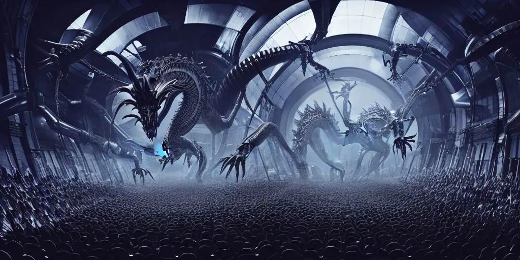 Image similar to star base, walking down the catwalk, stage, vogue photo, podium, fashion show photo, iris van herpen, inflateble shapes, masterpiece, guyver, giger, biomechanical details, denis villeneuve, legendary dragon, movie still, cinestill, bokeh, artstation