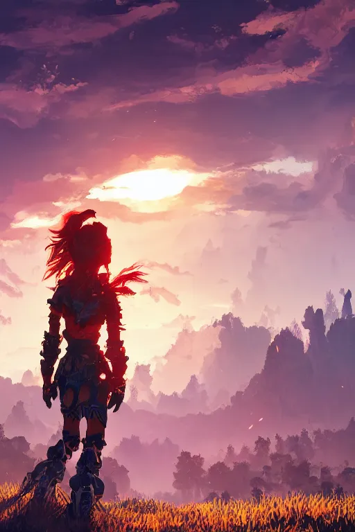 Image similar to combination suit armor aloy horizon forbidden west horizon zero dawn radiating a glowing aura global illumination ray tracing hdr fanart arstation by ian pesty and alena aenami artworks in 4 k tribal robot ninja mask helmet backpack