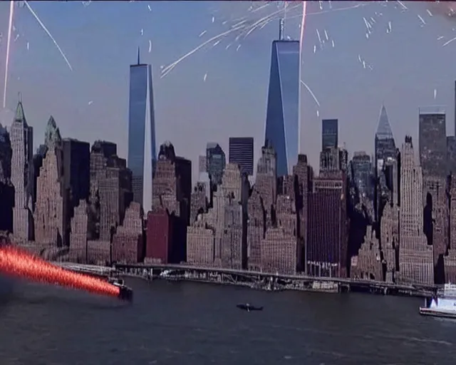 Image similar to [alien invasion] ufo footage spotted at new york city. there is explosions all over the city. 9/11 inspired.