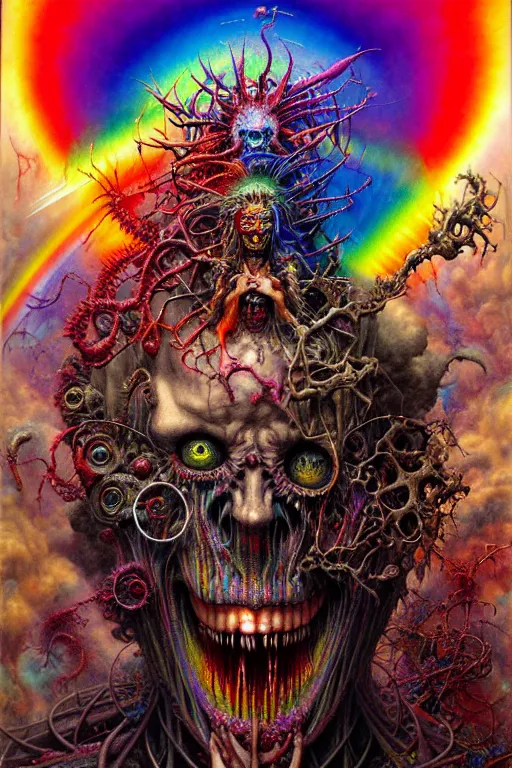 Prompt: realistic detailed image of wrathful complexity rainbow nightmare scientist god action horror by lisa frank, john martin, ayami kojima, amano, karol bak, greg hildebrandt, and mark brooks, neo - gothic, gothic, rich deep colors. beksinski painting, part by adrian ghenie and gerhard richter. art by takato yamamoto. masterpiece