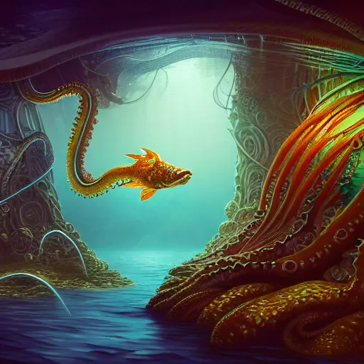 Image similar to beautiful digital fantasy illustration of an underwater city surrounded by tentacles, the forge of worlds, concept art by xul solar, two hands reaching for a fish, fractalism, high detail texture, unreal engine, 8 k, photographic quality, ultra hyper realistic quality, 8 k definiton, hyper - realistic, cinematic, cinematic lighting