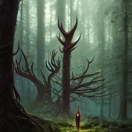 Prompt: highly detailed creepy forest creature with antlers, stephen bliss, unreal engine, fantasy art by greg rutkowski, loish, rhads, ferdinand knab, makoto shinkai and lois van baarle, ilya kuvshinov, rossdraws, tom bagshaw, global illumination, radiant light, detailed and intricate environment