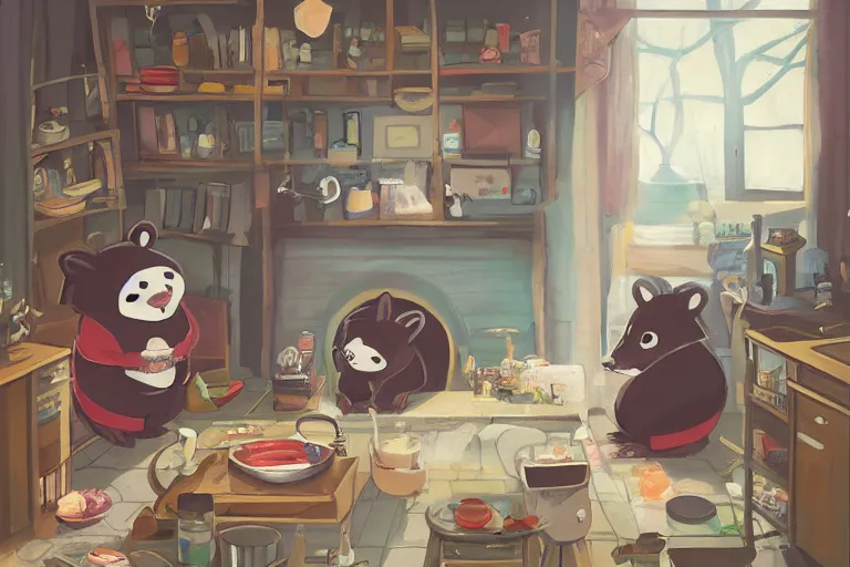 Image similar to color key, Daisuke Tsutsumi, Robert Kondo, cute fluffy badgers washing dishes, underground in a hovel, fish eye lens,kitchen table, comfy chairs, cosy fireplace, clutter everywhere, stack of books on side table, rug on floor by fireplace, family framed on the wall, cosy