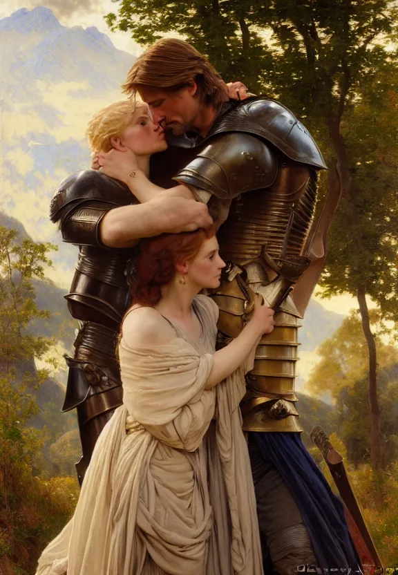 Image similar to attractive handsome fully clothed jaime lannister confesses his love for attractive fully armored brienne of tarth. centered composition. arthurian mountain and forest background. highly detailed painting by gaston bussiere and j. c. leyendecker and william adolphe bouguereau and fra angelico and octane render, musee d'orsay 8 k