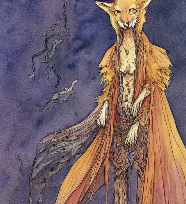 Image similar to a 3 / 4 view watercolor ink painting of an anthromorphic fox as a witch in the style of jean giraud in the style of moebius trending on artstation deviantart pinterest detailed realistic hd 8 k high resolution