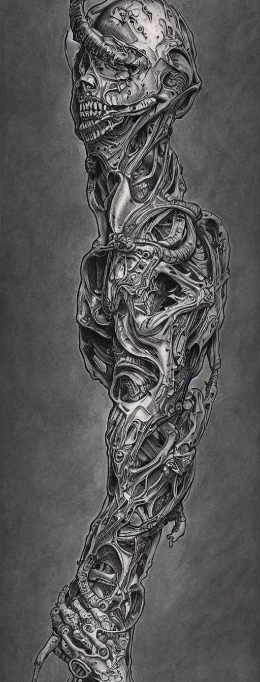 Image similar to highly detailed doom tattoo sleeve concept art drawing, side view, sf biomechanical designs, intricate and stylized infernal designs by zdizslaw beksinski, kilian eng, alphonse mucha