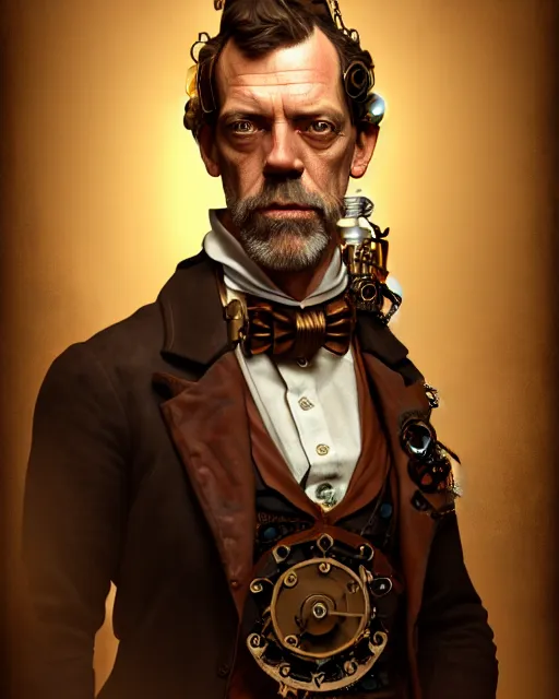 Image similar to steampunk portrait of hugh laurie, au naturel, hyper detailed, digital art, trending in artstation, cinematic lighting, studio quality, smooth render, unreal engine 5 rendered, octane rendered, art style by klimt and nixeu and ian sprigger and wlop and krenz cushart.