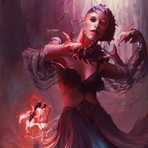 Image similar to a beautiful artwork of a dark sorceress performing magic, by raymond swanland and jesper ejsing, featured on art station