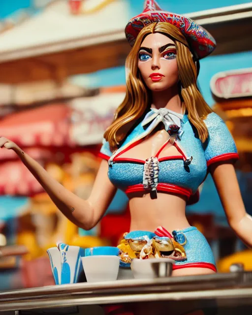 Image similar to highly detailed closeup, face profile portrait of a tin toy cara delevigne as a waitress in a diner, bikini, depth of field, fashion photoshoot by dan decarlo, breathtaking, detailed and intricate environment, 8 k resolution, hyperrealistic, octane render