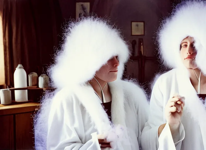 Prompt: realistic photo of a two medieval female nuns scientists wearing white cotton robes, doing an experiment with a fluffy furry fur cloud, living room interior is made of wood 1 9 9 0, life magazine reportage photo, natural colors