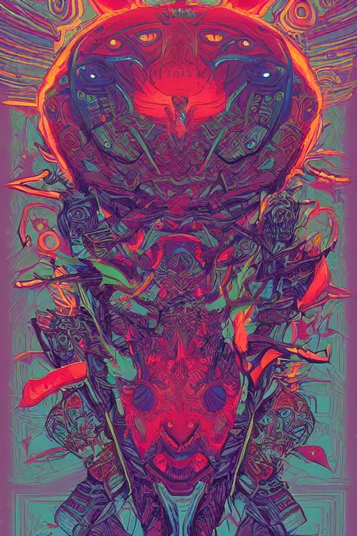 Image similar to totem animal tribal chaman vodoo mask feather gemstone plant video game illustration vivid color borderlands and by feng zhu and loish and laurie greasley, victo ngai, andreas rocha, john harris radiating a glowing aura