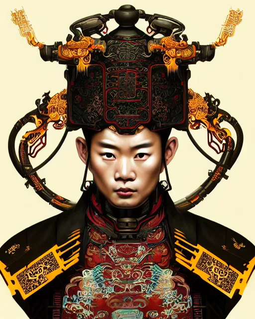 Image similar to portrait of a chinese masculine male cyberpunk machine, machine face, upper half portrait, decorated with chinese opera motifs, muscular, asian, fine china, wuxia, traditional chinese art intricate intense elegant 京 剧 highly detailed symmetry headpiece digital painting artstation concept art smooth sharp focus illustration, art by artgerm and greg rutkowski alphonse mucha 8 k