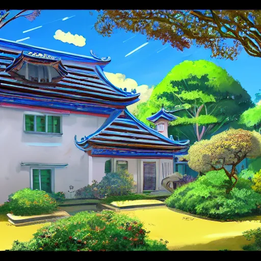 Image similar to a house with a beautiful garden and a blue sky with clouds in anime style, in the style of Lampbo Chun on ArtStation and Son Rice on ArtStation, 4k,