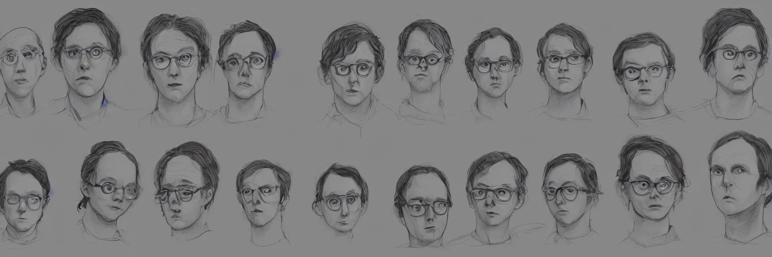 Image similar to character study of todd solondz and paul dano, 2 0 2 2, clear faces, emotional, character sheet, fine details, concept design, contrast, kim jung gi, pixar and da vinci, trending on artstation, 8 k, full body and head, turnaround, front view, back view, ultra wide angle