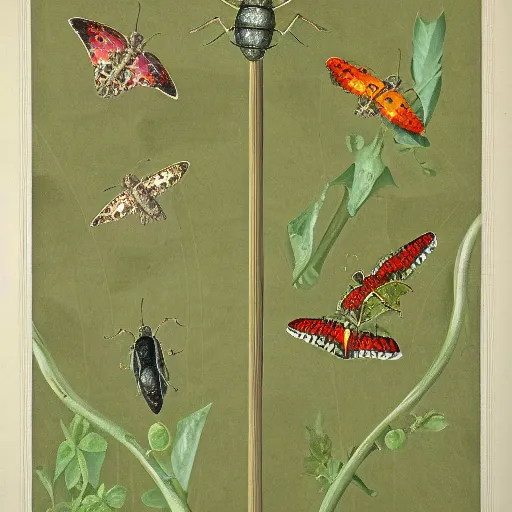 Image similar to wallpaper depicting six-spot burnet moths of different sizes over a soft green background, botanical drawing by Maria Sybilla Merian