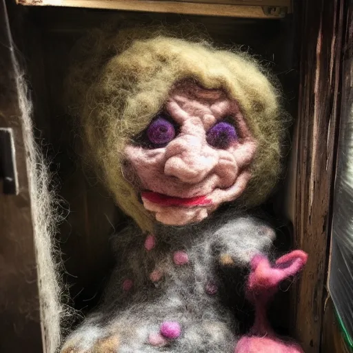 Image similar to photo of a larger than life sized needle - felted 2 0 0 year old wrinkly crone covered in warts sitting behind a needle felted dumpster in a needle felted alley way with low light and dark shadows