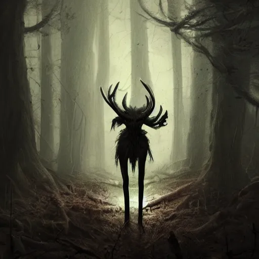 Image similar to anthropomorphic humanoid deer monster in a dark moonlit forest, horror, highly detailed, tall humanoid, human-like, whole body, by Greg Rutkowski, trending on artstation, 4k