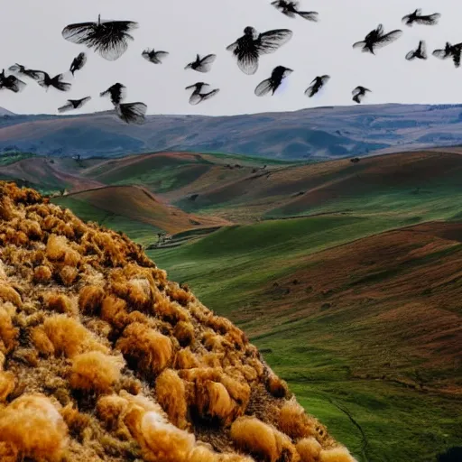 Prompt: a dreamlike landscape where all the hills are made of chicken skin and they have those little bumps and look kind of damp. Above the landscape flies SOMETHING.