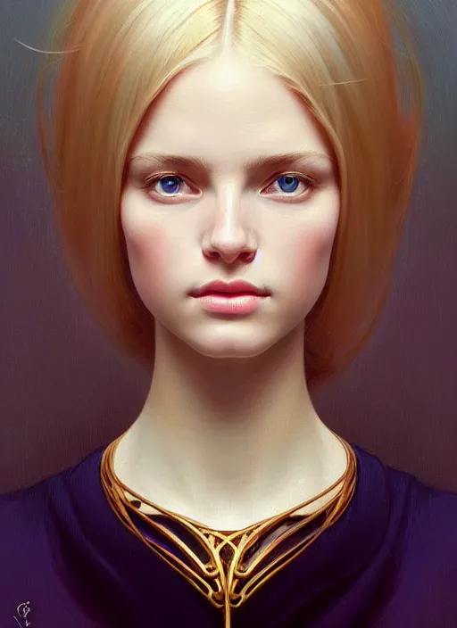 Prompt: symmetrical face!! portrait of young woman blessed with ever - increasing physical and mental perfection, realism, blonde hair, perfect face!! intricate, elegant, highly detailed, vision of holy perfection!! digital painting, artstation, concept art, smooth, sharp focus, illustration, humanity, art by artgerm and greg rutkowski and alphonse mucha