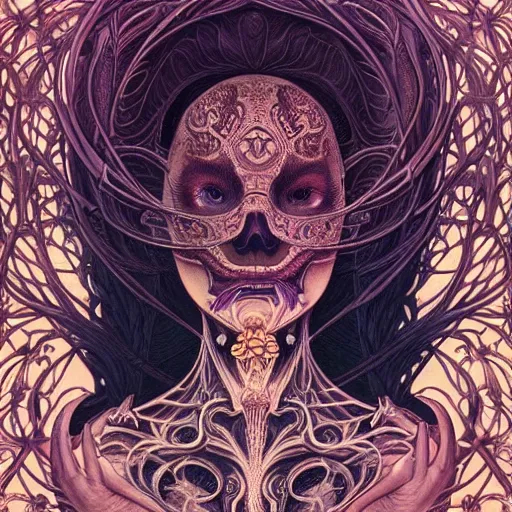 Prompt: a beautiful detailed front view portrait of a woman with ornate growing around morphing, ornamentation, flowers, elegant, beautifully lit, skull, by wayne barlowe, peter mohrbacher, kelly mckernan,