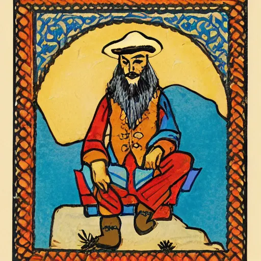 Prompt: scruffy cowboy sitting cross legged, persian folkore artstyle, calligraphy border