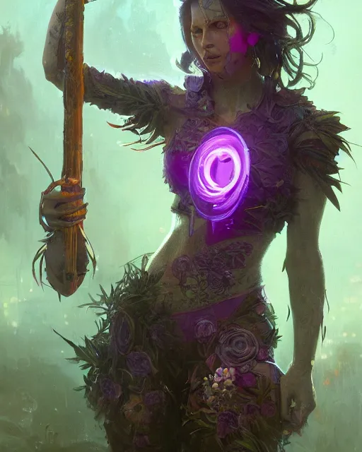 Image similar to full body woman made of plants weed and steel, fantasy character portrait full body concept art, intricate details, volumetric neon purple lights by greg rutkowski, gaston bussiere